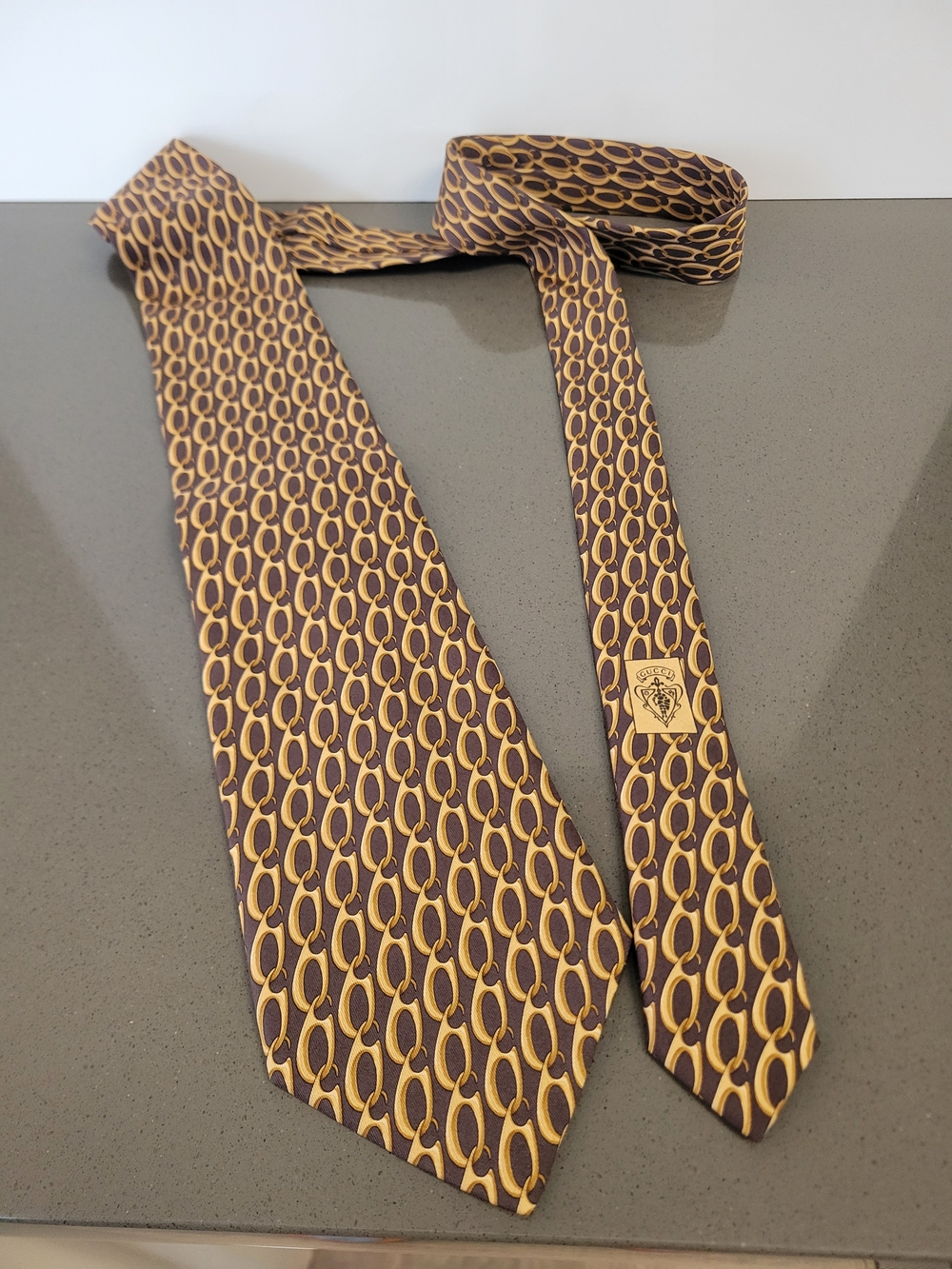 Gucci Brown & Gold Interlock Pattern Silk Tie